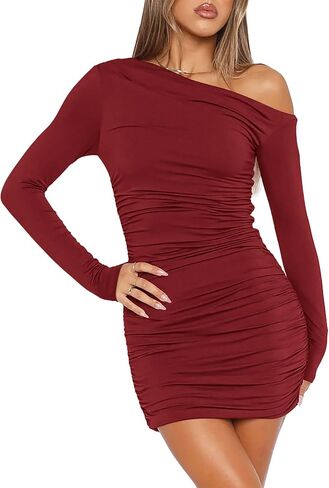 Amkoyam Women's 2025 Sexy Off Shoulder Dress Long Sleeve Bodycon Ruched Formal Cocktail Party Mini Dresses in Saudi Arabia