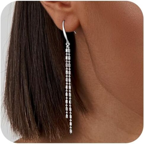 Long Dangle Earrings for Women 925 Sterling Silver / 16K Gold Tassel Chain Dangle Drop Earrings for Women Dainty Minimalist Dangling Drop Earrings for Prom Party Jewelry in Kuwait