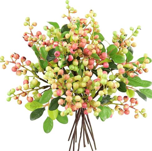 FiveSeasonStuff Artificial Fruit Holly Berries Decoration with Soft Bendable Stems for Vases, Bouquets and Floral Arrangements 10 Stem Twigs (Subtle Pink) in Saudi Arabia
