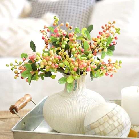 FiveSeasonStuff Artificial Fruit Holly Berries Decoration with Soft Bendable Stems for Vases, Bouquets and Floral Arrangements 10 Stem Twigs (Subtle Pink) in Saudi Arabia