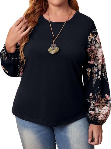Women's Plus Size Floral Print Sweatshirt Crewneck Lantern Long Sleeve Pullover Shirts Tops in Saudi Arabia