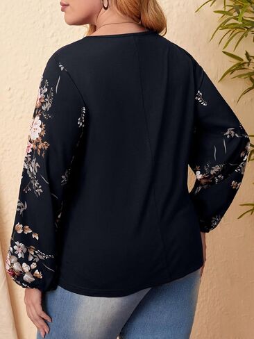 Women's Plus Size Floral Print Sweatshirt Crewneck Lantern Long Sleeve Pullover Shirts Tops in Saudi Arabia