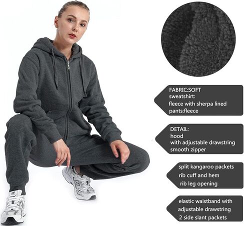 Womens Sweatsuits Sets Casual Fur Lining Fleece Hoody Sweatshirt and Sweatpants Athletic Clothing Sets in Kuwait