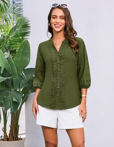 GRACE KARIN Women's Dressy Casual Tops 3/4 Sleeve Business Work Blouses Hollow Out Eyelet Embroidery Button Down Shirts in Saudi Arabia