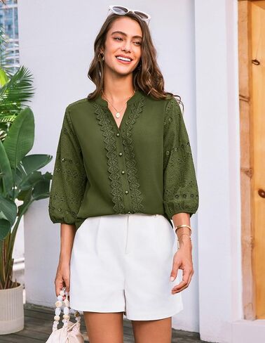 GRACE KARIN Women's Dressy Casual Tops 3/4 Sleeve Business Work Blouses Hollow Out Eyelet Embroidery Button Down Shirts in Saudi Arabia