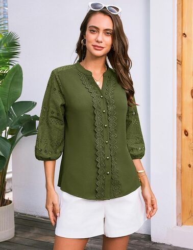 GRACE KARIN Women's Dressy Casual Tops 3/4 Sleeve Business Work Blouses Hollow Out Eyelet Embroidery Button Down Shirts in Saudi Arabia