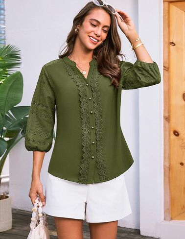 GRACE KARIN Women's Dressy Casual Tops 3/4 Sleeve Business Work Blouses Hollow Out Eyelet Embroidery Button Down Shirts in Saudi Arabia