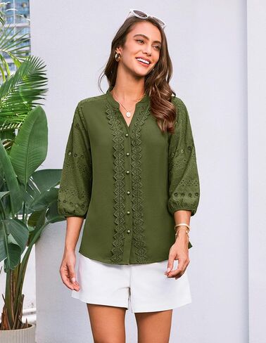 GRACE KARIN Women's Dressy Casual Tops 3/4 Sleeve Business Work Blouses Hollow Out Eyelet Embroidery Button Down Shirts in Saudi Arabia
