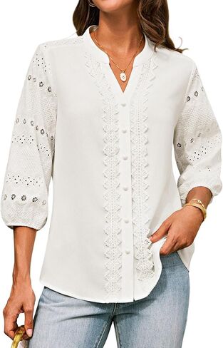 GRACE KARIN Women's Dressy Casual Tops 3/4 Sleeve Business Work Blouses Hollow Out Eyelet Embroidery Button Down Shirts in Saudi Arabia