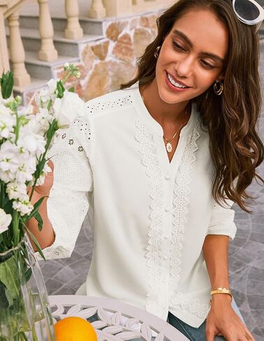 GRACE KARIN Women's Dressy Casual Tops 3/4 Sleeve Business Work Blouses Hollow Out Eyelet Embroidery Button Down Shirts in Saudi Arabia