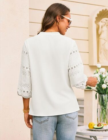 GRACE KARIN Women's Dressy Casual Tops 3/4 Sleeve Business Work Blouses Hollow Out Eyelet Embroidery Button Down Shirts in Saudi Arabia