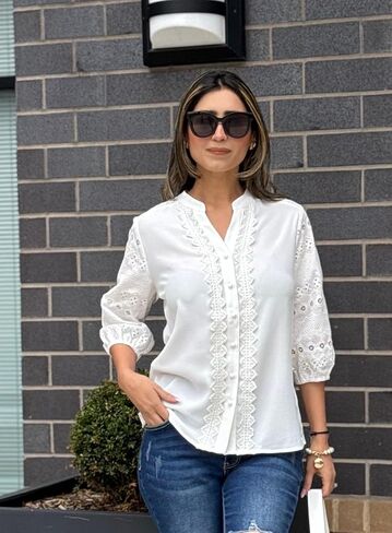 GRACE KARIN Women's Dressy Casual Tops 3/4 Sleeve Business Work Blouses Hollow Out Eyelet Embroidery Button Down Shirts in Saudi Arabia