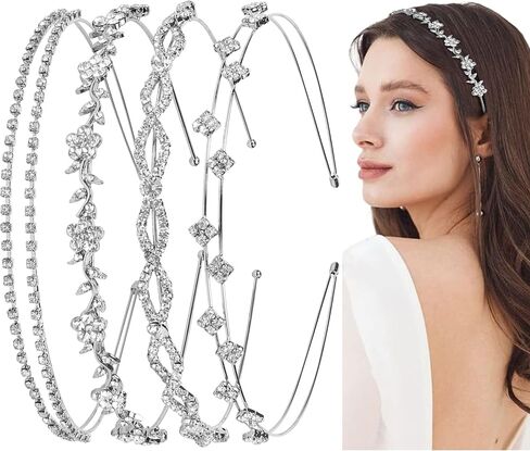 WOVOWOVO 4 Pcs Rhinestone Headbands for Women Silver Bridal Headband Crystal Flower Girl Headpiece Flower Leaf Tiara Crown Head Band Wedding Hair Accessories for Girls in Saudi Arabia