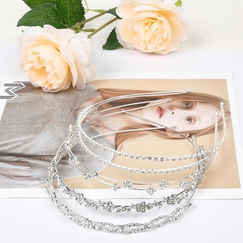 WOVOWOVO 4 Pcs Rhinestone Headbands for Women Silver Bridal Headband Crystal Flower Girl Headpiece Flower Leaf Tiara Crown Head Band Wedding Hair Accessories for Girls in Saudi Arabia