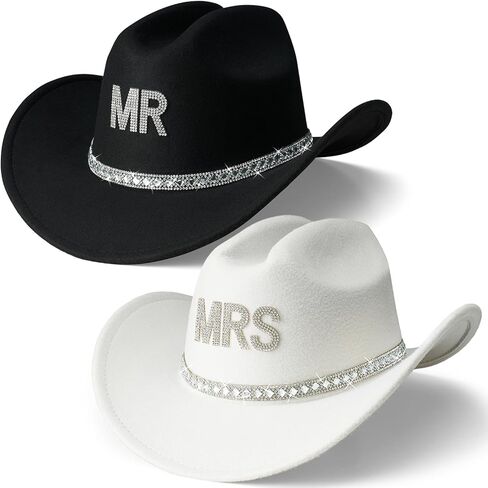 AW BRIDAL 2 Pcs Mr & Mrs Rhinestone Felt Cowboy Hat for Women Men Classic Western Hats Anniversary Engagement Wedding Gifts in Saudi Arabia