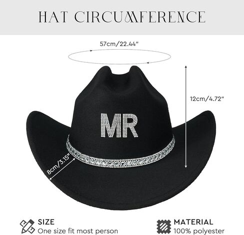 AW BRIDAL 2 Pcs Mr & Mrs Rhinestone Felt Cowboy Hat for Women Men Classic Western Hats Anniversary Engagement Wedding Gifts in Saudi Arabia
