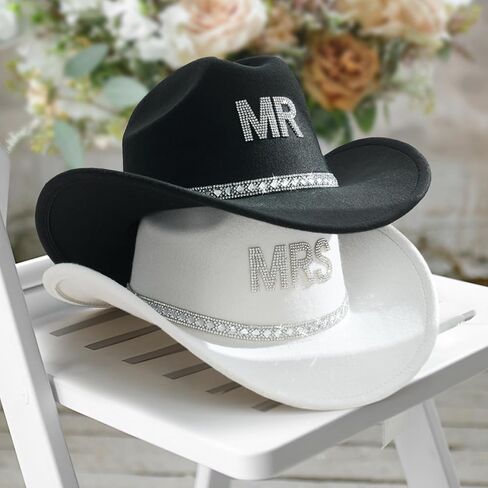 AW BRIDAL 2 Pcs Mr & Mrs Rhinestone Felt Cowboy Hat for Women Men Classic Western Hats Anniversary Engagement Wedding Gifts in Saudi Arabia