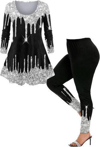 ROSE GAL Women Plus Size 3D Sparkles Paint Drop Blobs Printed Tee and Skinny Leggings Matching Set 2 Piece Party Set in Saudi Arabia