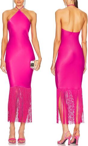 JLCNCUE Women Halter Neck Bodycon Midi Dress Fringe Hem Dress Sleeveless Open Back Tassels Cocktail Party Dress 262 in Saudi Arabia