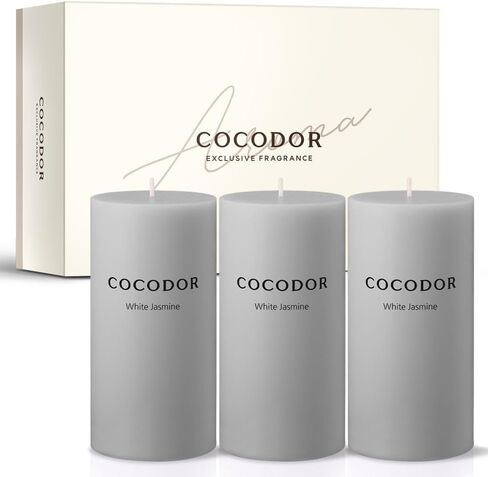 COCODOR Scented Pillar Candles, 3x6 Inch, White Jasmine, Candle Set of 3, Long Buring 85 Hours, Candles for Weddings, Party, Dinner, Home Decor. in Kuwait