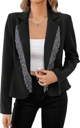 WDIRARA Women's Contrast Sequin Open Front Blazer Lapel Neck Long Sleeve Jacket in Saudi Arabia