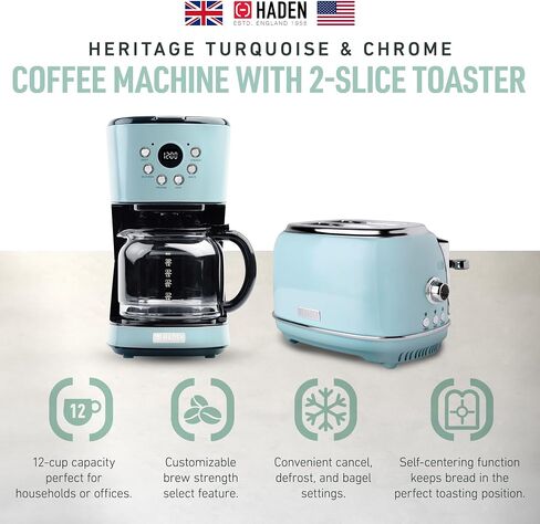 Haden Heritage 2 Slice Wide Slot Toaster Bundled w/12 Cup Programmable Coffee Maker, Removable Crumb Tray, Multiple Settings, Anti-Drip, Black/Copper in Kuwait