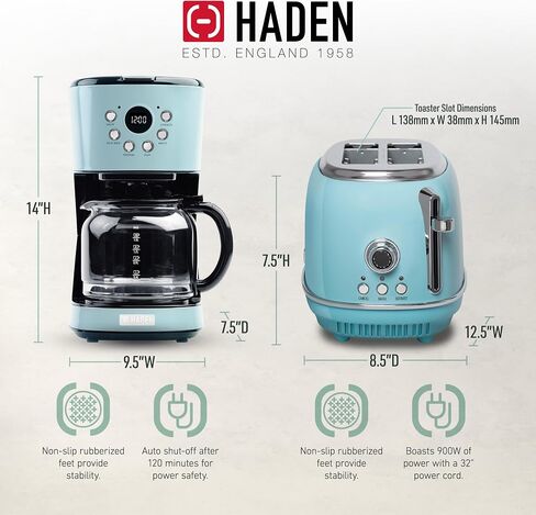Haden Heritage 2 Slice Wide Slot Toaster Bundled w/12 Cup Programmable Coffee Maker, Removable Crumb Tray, Multiple Settings, Anti-Drip, Black/Copper in Kuwait