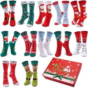 Duufin 12 Pairs Christmas Crew Socks for Women and Girls Snowman Santa Claus Elk Christmas Socks Cute Xmas Socks