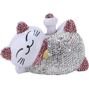 Cute Lucky Cat Car Decorations White Crystal Car Decor Car Accessories Fortune Lucky Cat Car Interior Decoration Rhinestone Center Console Dashboard Ornament()