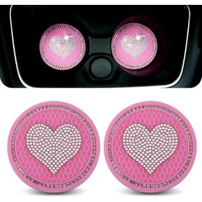 2 PCS Car Center Console Anti-Slip Coaster, 0.75" x 0.2" Rhinestone Creative Heart Shape Anti-Scratch and Wear-Resistant Coaster, Fashion Decorative Accessories, for Most Cars (Pink)