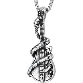 COOLSTEELANDBEYOND Rock Punk Snake Guitar Pendant Necklace for Men Stainless Steel with 30 inches Wheat Chain