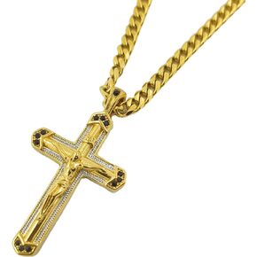 Men's Crucifix Cross Pendant with 18K Gold Cuban Chain Jesus Necklace in 24 Inches, Gold/Silver Two tones