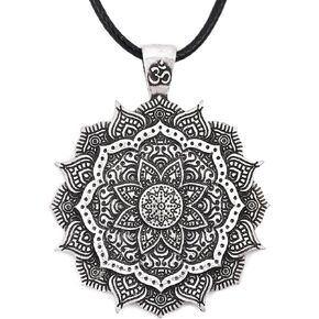HAQUIL Mandala Flower of Life Necklace, Buddhist Lotus Flower Om Mandala Pendant, Faux Leather Cord, Mandala Gift