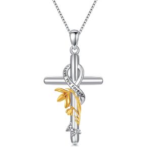 Cross Necklace for Women 925 Sterling Silver I Love You Necklace Religious Jewelry with Gift Box for Mother Daughter