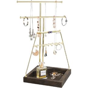 J JACKCUBE DESIGN 3-Tier Gold Jewelry Tree Stand, Accessory Organizer Display for Necklace, Earrings, Bracelet, Rings Holder with Wooden Tray- MK744A
