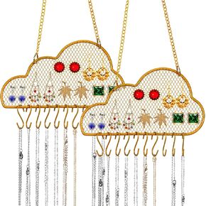 2 Pcs Earring Wall Holder Wall Mounted Earring Organizer Hanging Earring Stand Decorative Diamond Grid Shape Jewelry Display Rack with Hanging Hooks for Earrings Necklace Bracelet (Gold,Cloud)