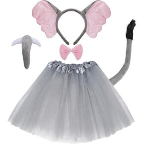 Heliltd 5pcs Elephant Costume Set Elephant Ears Headband Elephant Tail Grey Tutus Skirt Bow Tie Nose Animal Costume Accessories Set for Halloween Cosplay Dress Up Party for Adult