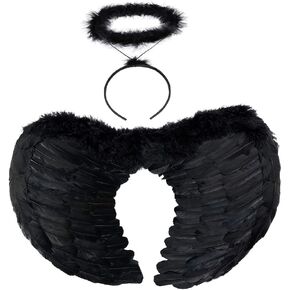 HANDIC Angel Costume Wings and Halo Adult Angel Costume Wings for Kids Girls Woman Halloween (Black)