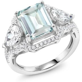 Gem Stone King 3.89 Cttw Sky Blue Simulated Aquamarine Ring For Women In 925 Sterling Silver | Emerald Cut 10X8MM | Available In Size 5, 6, 7, 8, 9