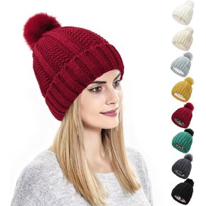 Kunyeah Women Winter Beanie Hat Knitted Cap with Pompom Satin Silk Lined Hat Warm Solid Color Hat for Women Girls
