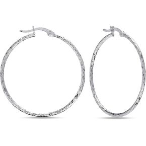 Charmsy 925 Sterling Silver Texture Hoop Earrings for Women | Large Classic Diamond-Cut Textured Hoop Earring | Womens Click-Top Earring Hoops 40MM