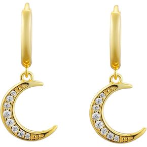 Crescent Moon Crystal Dangle Hoop Earrings in 14K Gold PVD over 925 Sterling Silver
