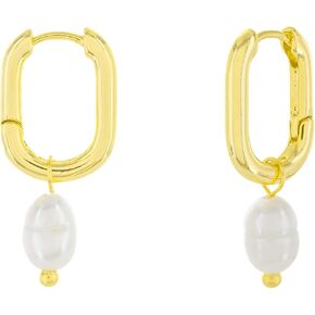 14K Gold Plated Oval Huggie Hoop Earrings with Freshwater Pearl Charm - Cute Pearl Drop Hoops - Oblong Huggies for Her for Women for Ladies