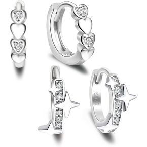 Silver Hoop Earrings Set for Women Sterlings Silver Hypoallergenic Star Earrings Heart Hoop Earrings Danity Cubic Zirconia Cartilage Huggie Hoop Earrings Set for Her Gifts for Birthday Christmas