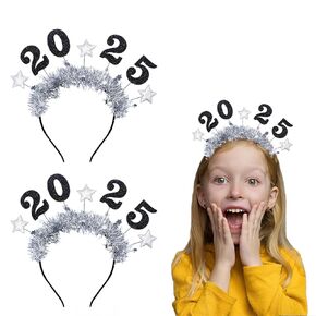 2 PCS Happy New Year Headbands Tiara for Women Men, Glitter Sequins Stars Headband Gold Tassel Hair Accessories Holiday Head Boppers for 2025 New Year Eve Party Favors Decor