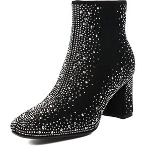 Elbslutt Women's Glitter Sparkly Booties Chunky Heels Ankle Boots Back Zipper Block Heeled Short Sequin Boots Wedding Bridal Party Dress Shoes