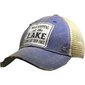 VINTAGE LIFE What Happens at The Lake Stays at The Lake Distressed Trucker Cap, Royal Blue, Cotton, Polyester, Indoor, Outdoor