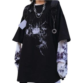 jupkem Men's Goth Baggy Shirt Y2k Graphic Long Sleeve Tees Women Punk Fake Two-Piece Pullover Tops Oversized Fall Clothes