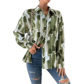 MakeMeChic Women's Graphic Print Collared Button Down Shirt Long Sleeve Blouse Shirts Tops