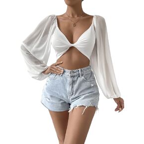 SweatyRocks Women's Twist Front Sweetheart Neck Crop Top Long Lantern Sleeve Blouse